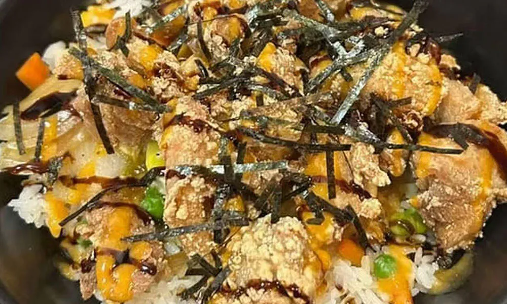 Crispy karaage don bowl with fried chicken, egg, sauce, and seaweed toppings at Yu San, a Japanese Restaurant in East Stroudsburg